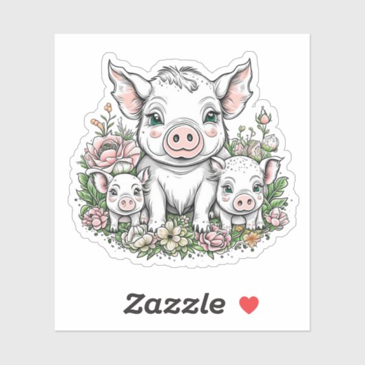 Schattigee Mama Varkens en Biggen in Bloemen Sticker (Vel)
