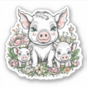 Schattigee Mama Varkens en Biggen in Bloemen Sticker (Voorkant)