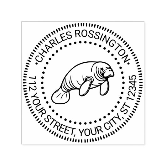 Schattigee Manatee Zee Koe #2 Ronde Naam Retouradr Zelfinktende Stempel (Design)