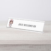 Schattigee Manga Brunette Nurse gepersonaliseerd Bureau Naambordje (Voorkant)