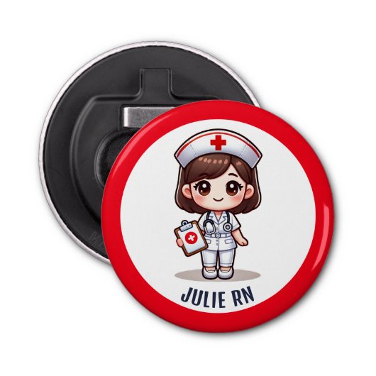 Schattigee Manga Brunette Verpleegster Karikatuur Button Flesopener (Voorkant)