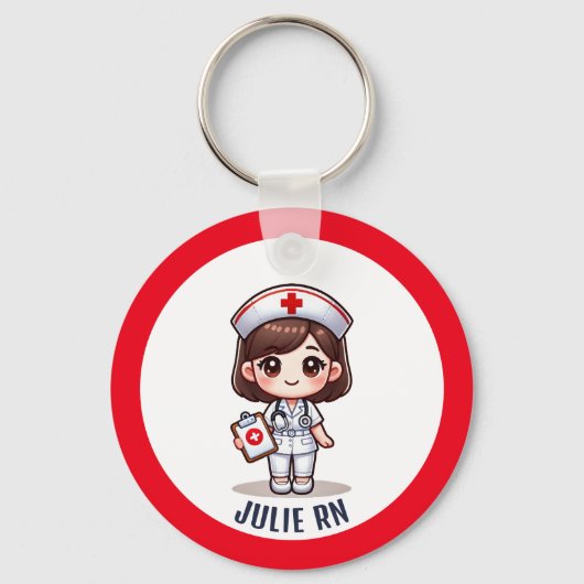 Schattigee Manga Nurse Brunette Karikatuur Custom Sleutelhanger (Voorkant)