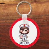 Schattigee Manga Nurse Brunette Karikatuur Custom Sleutelhanger (Voorkant)
