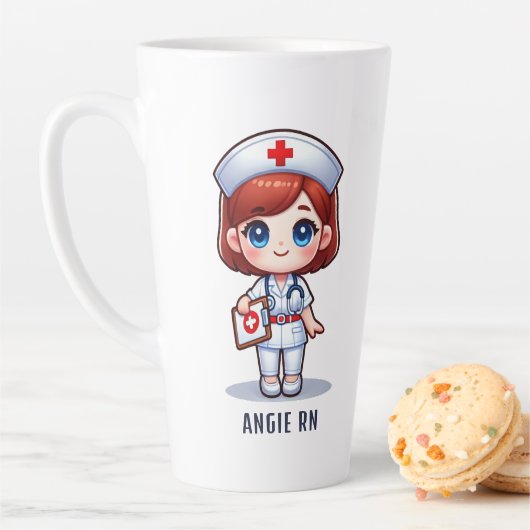 Schattigee Manga Nurse Redhead Blue Eyes Custom Latte Mok (In situ)