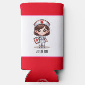 Schattigee Manga Verpleegster met Bruin Haar Bruin Seltzer Blikjeskoeler (Achterkant)