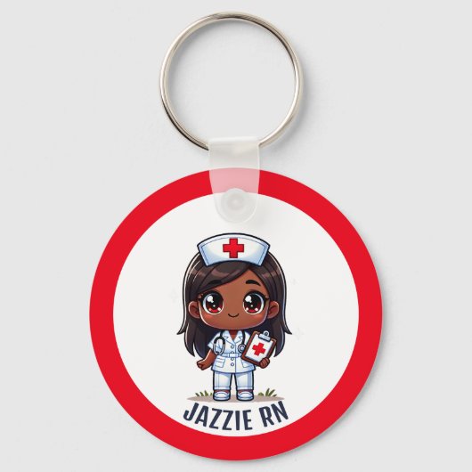Schattigee Manga Zwart Nurse Brunette Karikatuur C Sleutelhanger (Voorkant)