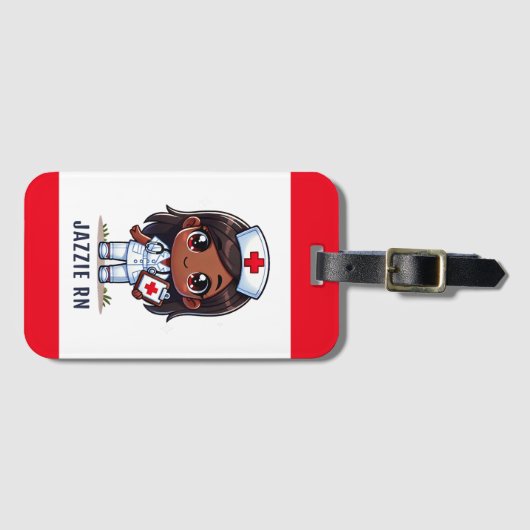 Schattigee Manga Zwarte Verpleegster Bruin Haar en Bagagelabel (Voorkant (horizontaal))