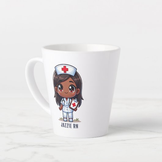 Schattigee Manga Zwarte Verpleegster Bruin Haar en Latte Mok (Linkerhoek)