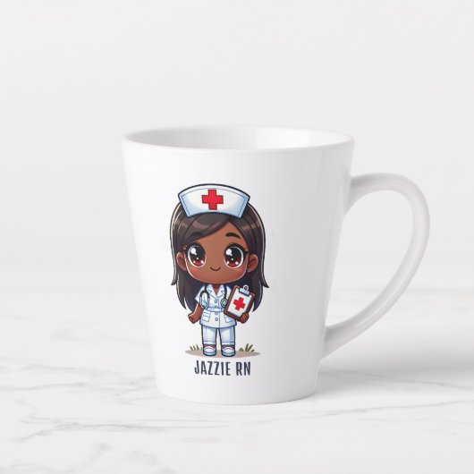 Schattigee Manga Zwarte Verpleegster Bruin Haar en Latte Mok (Rechts)