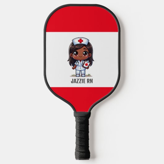 Schattigee Manga Zwarte Verpleegster Bruin Haar en Pickleball Paddle (Voorkant)