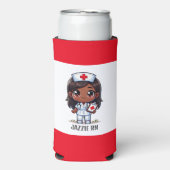 Schattigee Manga Zwarte Verpleegster Bruin Haar en Seltzer Blikjeskoeler (Seltzer Voorkant)