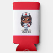 Schattigee Manga Zwarte Verpleegster Bruin Haar en Seltzer Blikjeskoeler (Achterkant)