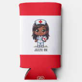 Schattigee Manga Zwarte Verpleegster Bruin Haar en Seltzer Blikjeskoeler (Voorkant)