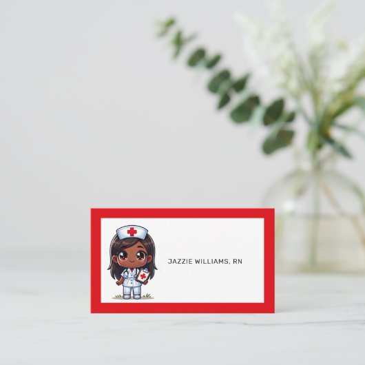 Schattigee Manga Zwarte Verpleegster Bruin Haar en Visitekaartje (Staand voorkant)