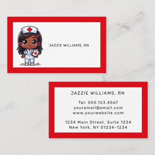 Schattigee Manga Zwarte Verpleegster Bruin Haar en Visitekaartje (Voorkant / Achterkant)