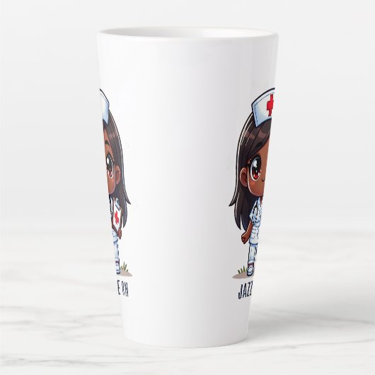 Schattigee Manga Zwarte Verpleegster Brunette Brui Latte Mok (Voorkant)