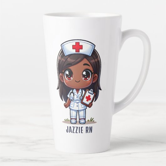 Schattigee Manga Zwarte Verpleegster Brunette Brui Latte Mok (Rechts)