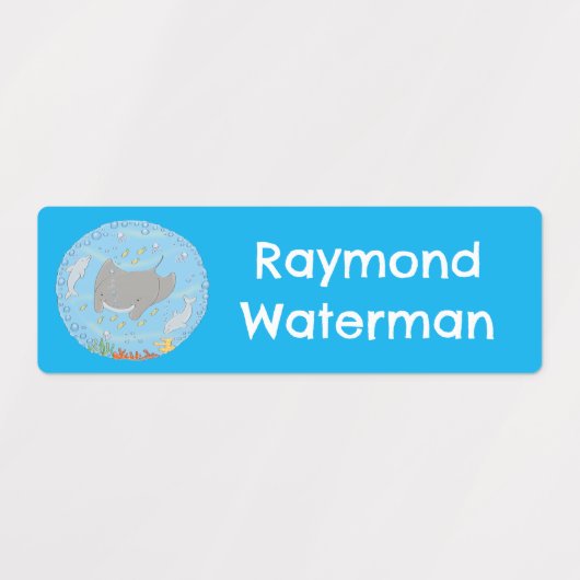 Schattigee manta ray en bubbels cartoon gepersonal labels (Design 2)