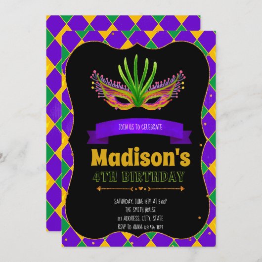 Schattigee Mardi Gras-feestuitnodiging Kaart (Voorkant / Achterkant)