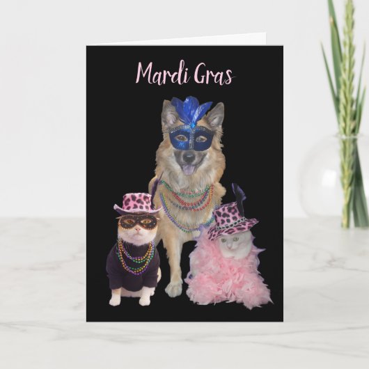 Schattigee Mardi Gras Hond en Katten Feestdagen Kaart (Voorkant)