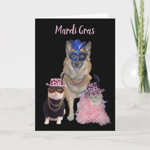 Schattigee Mardi Gras Hond en Katten Feestdagen Kaart
