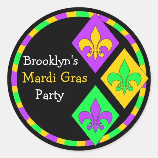 Schattigee Mardi Gras Thema Naam Party Seal Ronde Sticker (Voorkant)