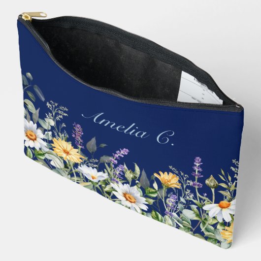 Schattigee marineblauwe Waterverf Wildflower Cosme Etui (Open)