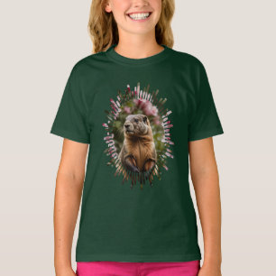 Schattigee marmot met roze rododendron achtergrond t-shirt