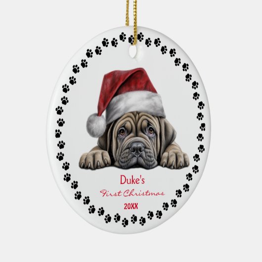 Schattigee Mastiff Dog Santa Hat Paw 1e Kerstmis Keramisch Ornament (Rechts)