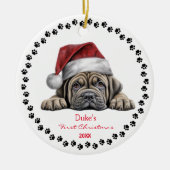 Schattigee Mastiff Dog Santa Hat Paw 1e Kerstmis Keramisch Ornament (Voorkant)