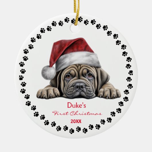 Schattigee Mastiff Dog Santa Hat Paw 1e Kerstmis Keramisch Ornament (Voorkant)
