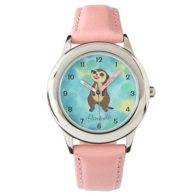 Schattigee Meerkat Cartoon Roze Kinder Naam Horlog Horloge (Voorkant)