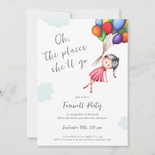 Schattigee meisje ballonnen afscheid kaart (Voorkant)