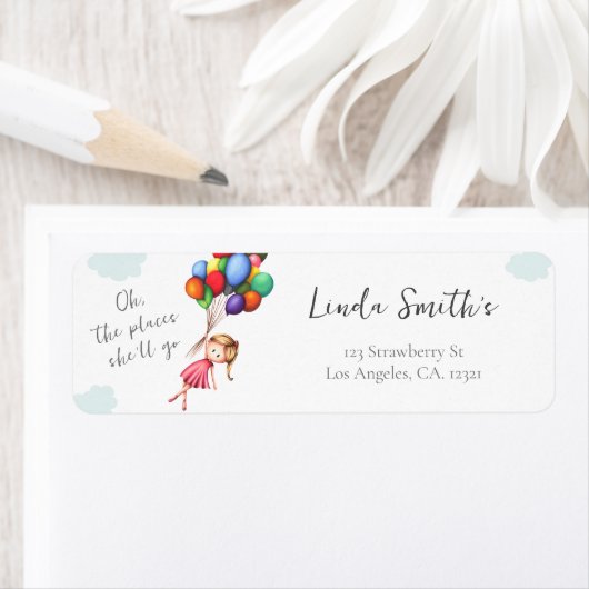 Schattigee meisje ballonnen terug adres etiket (Insitu)