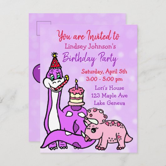 Schattigee meisjes dinosaurus verjaardagsfeestje u uitnodiging briefkaart (Voorkant / Achterkant)
