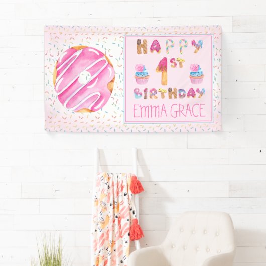 Schattigee meisjes Donuts | Cupcakes Gelukkige 1e  Spandoek (Insitu)