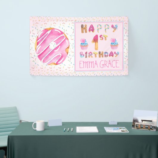 Schattigee meisjes Donuts | Cupcakes Gelukkige 1e  Spandoek (Beurs)