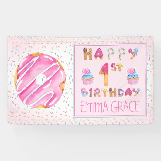 Schattigee meisjes Donuts | Cupcakes Gelukkige 1e  Spandoek (Horizontaal)