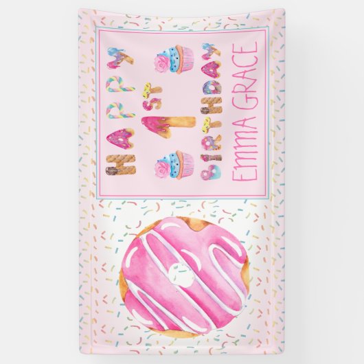 Schattigee meisjes Donuts | Cupcakes Gelukkige 1e  Spandoek (Verticaal)