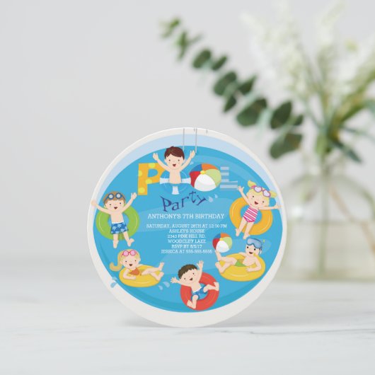 Schattigee meisjes en jongens pool verjaardagsuitn kaart (Staand voorkant)