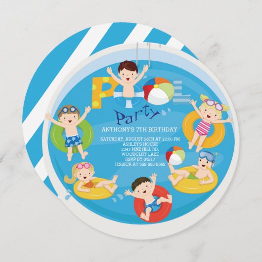 Schattigee meisjes en jongens pool verjaardagsuitn kaart (Voorkant / Achterkant)