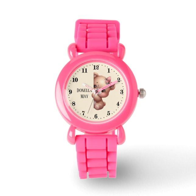 Schattigee meisjes gluren beer Voeg naam toe Horloge (Voorkant)