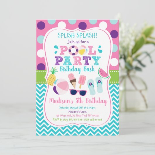 Schattigee Meisjes Pool Party Verjaardag Kaart (Staand voorkant)