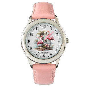 Schattigee meisjes roze flamingo Naam toevoegen Horloge