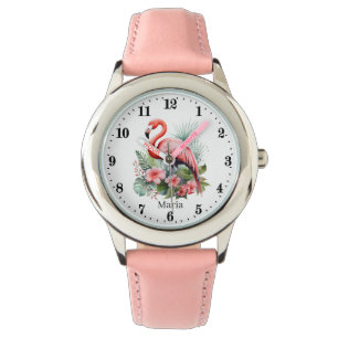 Schattigee meisjes roze flamingo Naam toevoegen Horloge