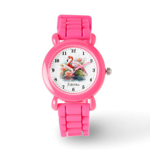 Schattigee meisjes roze flamingo Naam toevoegen Horloge