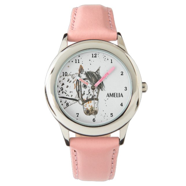 Schattigee Meisjes Roze Paard Dier Kinder Pony Horloge (Voorkant)