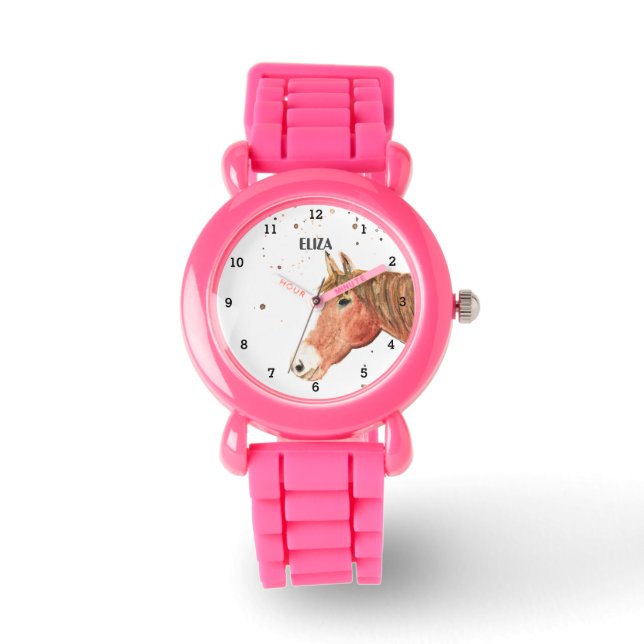 Schattigee Meisjes Roze Paard Dier Kinder Pony Horloge (Voorkant)