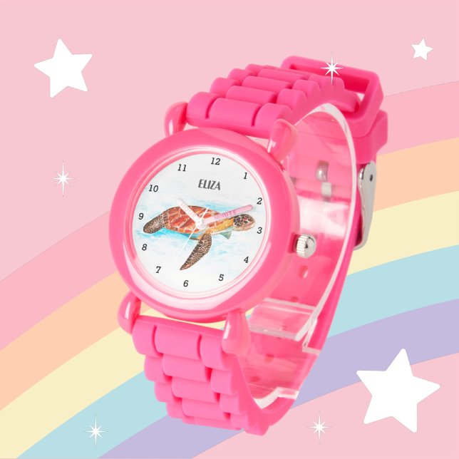 Schattigee Meisjes Roze Zee Schildpad Dier Kinder Horloge (Creator heeft geüpload)