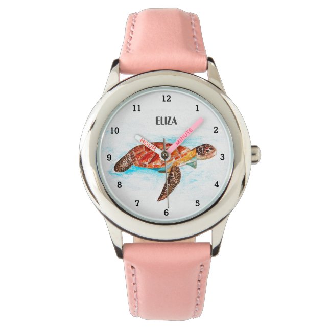 Schattigee Meisjes Roze Zee Schildpad Dier Kinder Horloge (Voorkant)